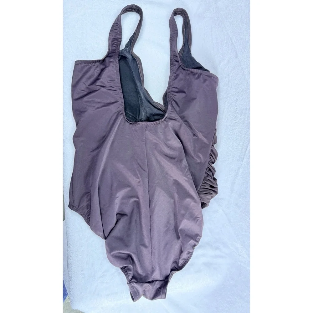 TRIMSHAPER One Piece Swimsuit SIZE 16 Brown Tummy Control Ruched Built In Bra - Picture 6 of 14